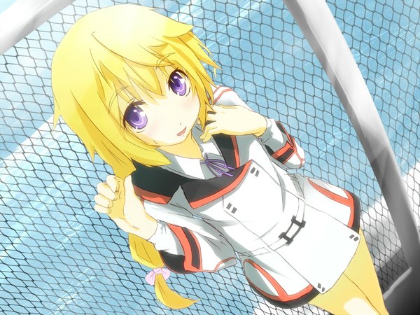 Anime picture 2132x1600 with infinite stratos 8bit charles dunois long hair blush highres open mouth blonde hair purple eyes girl ribbon (ribbons) hair ribbon sea