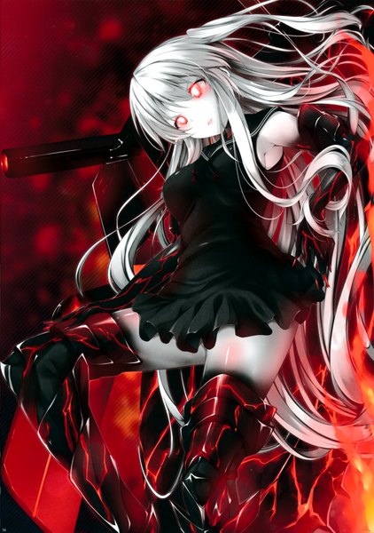 Anime picture 2848x4046 with kantai collection aircraft carrier hime nironiro single long hair tall image highres looking away white hair fingernails scan one side up glowing glowing eye (eyes) long fingernails white skin shinkaisei-kan girl dress weapon