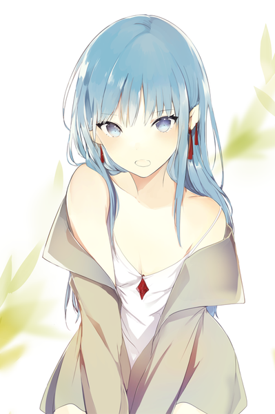 Anime picture 662x995 with original lpip single long hair tall image looking at viewer blush fringe open mouth blue eyes light erotic simple background white background bare shoulders payot blue hair cleavage long sleeves pointy ears blurry