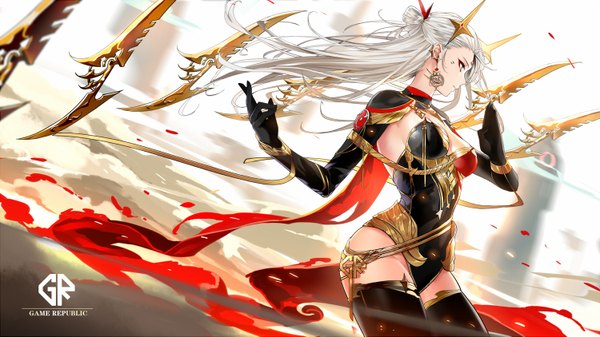 Anime-Bild 1500x843 mit league of legends irelia (league of legends) tameiki single long hair fringe breasts simple background wide image standing yellow eyes looking away cleavage white hair profile floating hair eyeshadow girl thighhighs gloves