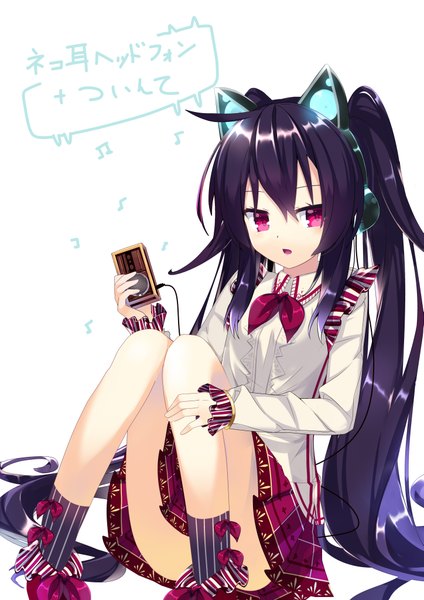 Anime picture 2893x4092 with original axent wear headphones nyori single long hair tall image looking at viewer fringe highres open mouth light erotic sitting twintails animal ears purple hair bent knee (knees) pleated skirt pink eyes cat ears inscription