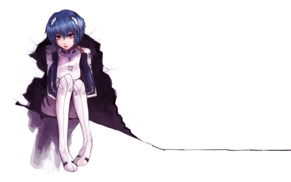 Anime picture 1680x1050 with neon genesis evangelion rebuild of evangelion evangelion: 2.0 you can (not) advance gainax ayanami rei canking single short hair simple background wide image white background blue hair leg hug girl pilot suit