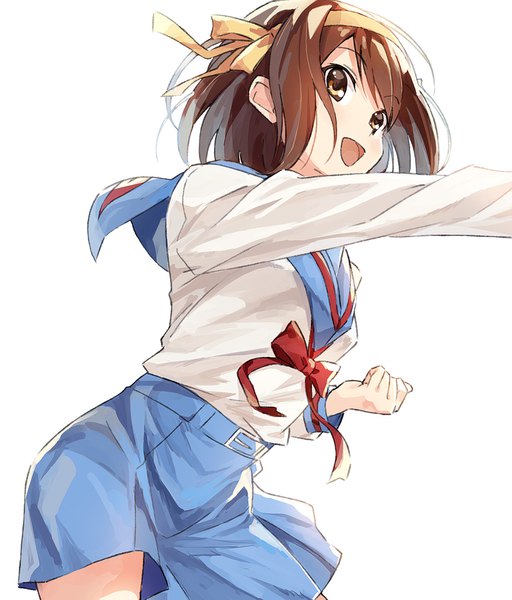 Anime picture 900x1055 with suzumiya haruhi no yuutsu kyoto animation suzumiya haruhi k-me single tall image fringe short hair open mouth simple background brown hair white background brown eyes looking away :d outstretched arm girl skirt uniform ribbon (ribbons)