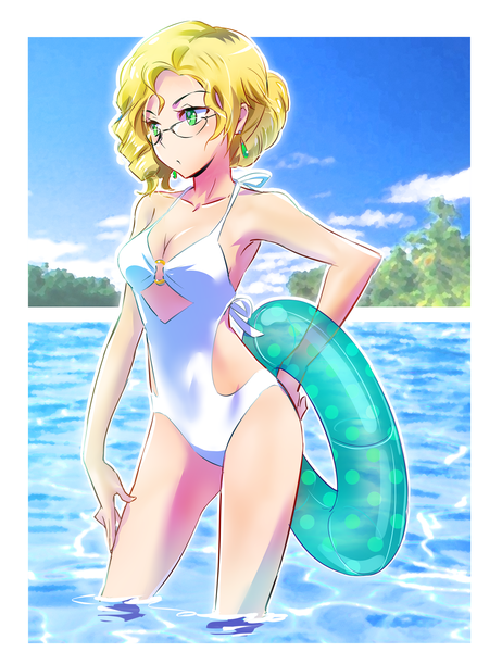 Anime picture 2601x3381 with rwby rooster teeth glynda goodwitch iesupa single tall image highres short hair breasts light erotic blonde hair standing green eyes looking away cleavage outdoors :o hair bun (hair buns) hand on hip partially submerged