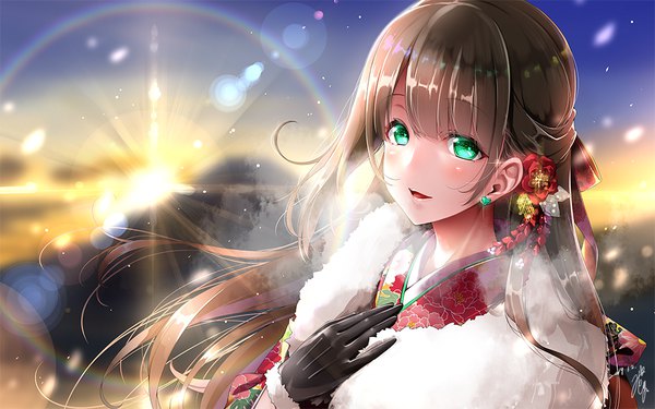 Anime picture 1000x625 with original midoriiro no shinzou single long hair looking at viewer blush fringe open mouth hair between eyes brown hair green eyes signed payot sky cloud (clouds) upper body outdoors blunt bangs traditional clothes japanese clothes