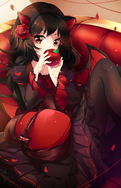 Anime picture 850x1313 with original squchan single long hair tall image black hair red eyes animal ears hair flower cat ears girl dress flower (flowers) petals pantyhose wings black pantyhose couch fruit apple