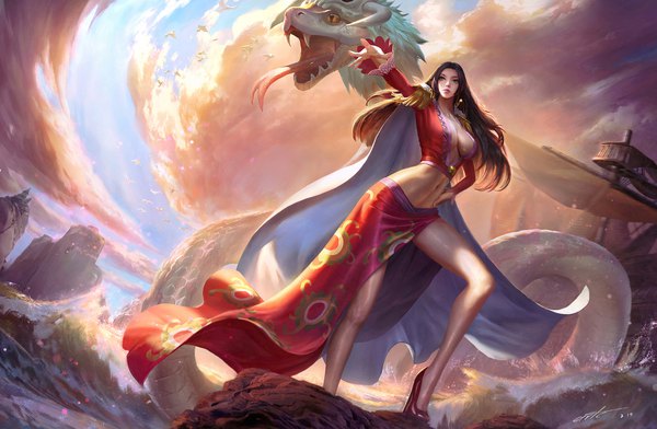 Anime picture 2126x1392 with one piece toei animation boa hancock salome (one piece) wang chen single long hair fringe highres breasts blue eyes light erotic black hair large breasts standing signed sky cloud (clouds) full body outdoors
