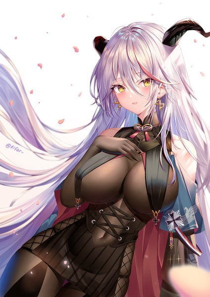 Anime picture 2894x4093 with azur lane aegir (azur lane) sugi (far-) single tall image looking at viewer blush fringe highres breasts open mouth light erotic simple background hair between eyes large breasts white background sitting bare shoulders signed yellow eyes