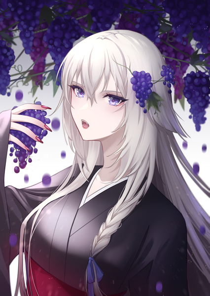 Anime picture 1447x2039 with original sleepshellx single long hair tall image looking at viewer fringe open mouth hair between eyes purple eyes holding silver hair upper body braid (braids) nail polish traditional clothes japanese clothes arm up fingernails blurry