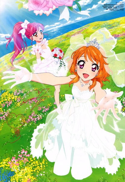 Anime picture 4084x5916 with aikatsu! oozora akari otoshiro seira watanabe satomi long hair tall image blush highres open mouth red eyes purple eyes multiple girls absurdres sky purple hair cloud (clouds) orange hair girl dress gloves