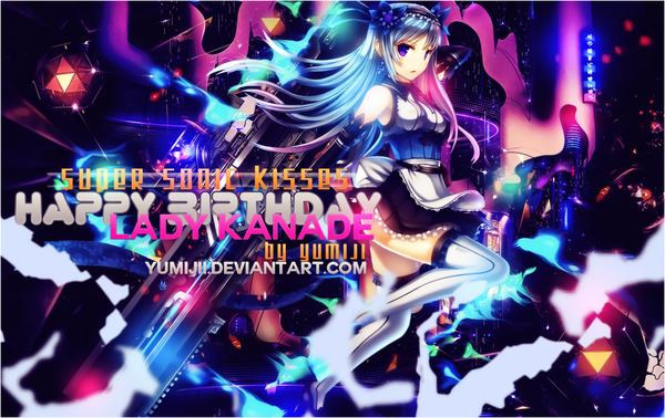 Anime picture 1900x1200 with original gia yumijii single long hair looking at viewer highres open mouth purple eyes bare shoulders blue hair pink hair multicolored hair inscription two-tone hair maid arms behind head happy birthday girl thighhighs