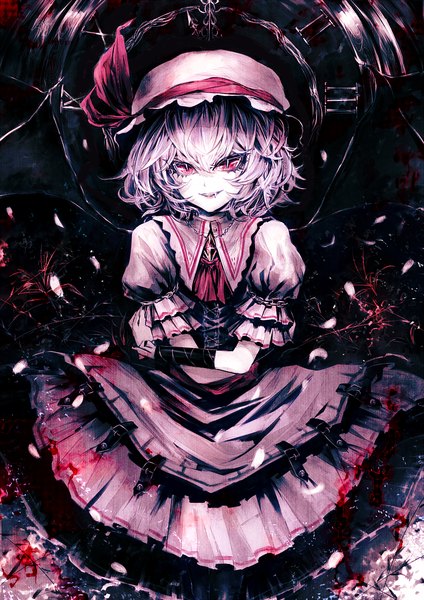 Anime picture 868x1227 with touhou remilia scarlet uni (bom19850101) single tall image looking at viewer short hair smile hair between eyes purple hair pink eyes fang (fangs) puffy sleeves bat wings girl petals wings bonnet