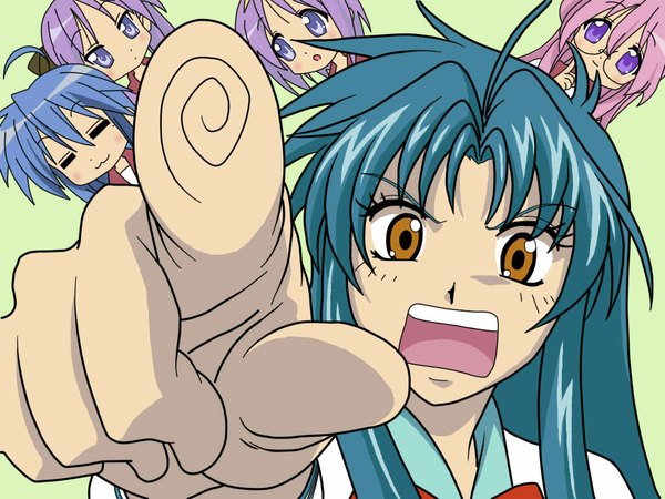 Anime picture 1024x768 with lucky star full metal panic! kyoto animation gonzo izumi konata hiiragi kagami hiiragi tsukasa takara miyuki chidori kaname long hair looking at viewer fringe open mouth hair between eyes purple eyes multiple girls brown eyes blue hair purple hair aqua hair