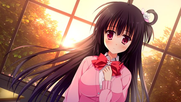Anime picture 1280x720 with koishiki manual hikage honoka saeki nao single long hair looking at viewer blush breasts black hair red eyes wide image large breasts game cg one side up hand on chest evening sunset girl hair ornament bow