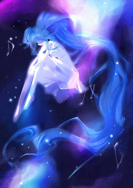 イラスト 1253x1769 と tagme (artist) 長身像 青い髪 very long hair space 女の子 ドレス