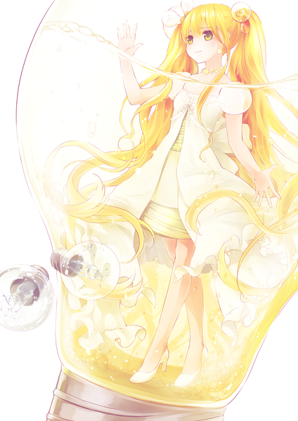 Anime picture 868x1228 with original ahira yuzu single tall image blonde hair white background twintails looking away very long hair girl dress water lamp