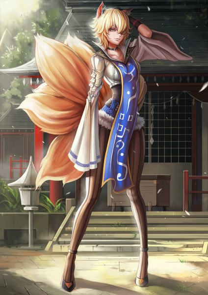 Anime picture 992x1404 with touhou yakumo ran dantewontdie single tall image looking at viewer fringe highres short hair breasts blonde hair standing animal ears yellow eyes tail animal tail light smile hair over one eye wide sleeves fox ears
