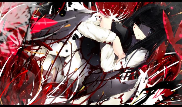 Anime picture 3000x1769 with kara no shoujo innocent grey benio (dontsugel) single long hair highres open mouth black hair wide image japanese clothes silver eyes girl kimono blood