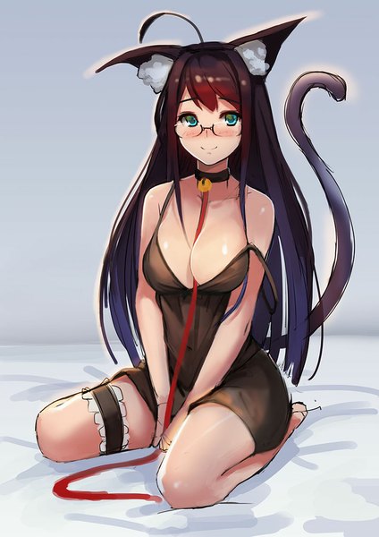 Anime picture 800x1132 with original nuclear warhead (anti) single long hair tall image blush breasts blue eyes light erotic black hair smile large breasts animal ears ahoge tail animal tail multicolored hair cat ears two-tone hair cat girl