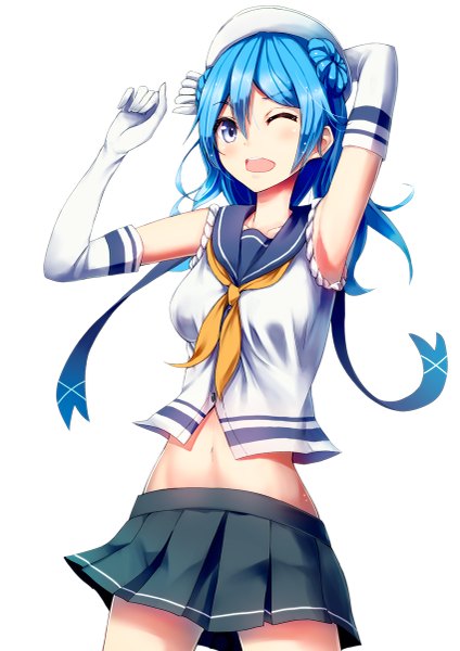 Anime picture 849x1200 with kantai collection urakaze destroyer urakaze (kantai collection) konkito single long hair tall image blush open mouth blue eyes white background blue hair one eye closed wink armpit (armpits) girl skirt gloves elbow gloves beret
