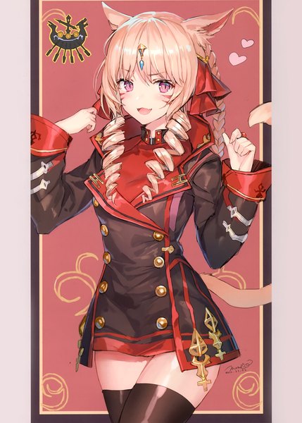 Anime picture 2111x2952 with final fantasy final fantasy xiv square enix miqo'te momoko (momopoco) single long hair tall image blush highres blonde hair smile signed animal ears looking away tail braid (braids) animal tail cat ears scan