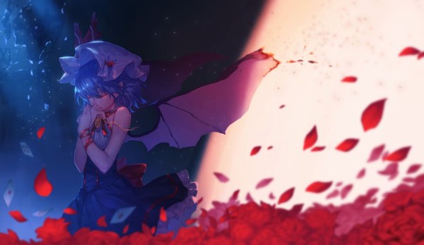 Anime picture 1960x1138 with touhou remilia scarlet mister rhino (wangzisama1001) single fringe highres short hair hair between eyes wide image bare shoulders holding blue hair eyes closed nail polish fingernails wind pointy ears night depth of field alternate costume