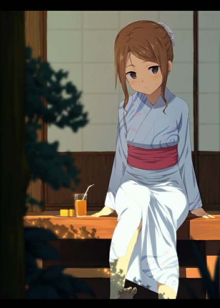 Anime picture 700x979 with original kinta (distortion) single tall image looking at viewer blush fringe short hair brown hair sitting traditional clothes japanese clothes barefoot black eyes letterboxed girl kimono obi cup yukata