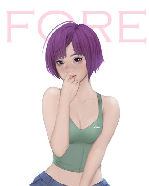 Anime picture 2400x3000 with original fore farlone (jubi) jubi (regiana) single tall image looking at viewer highres short hair breasts simple background large breasts white background purple eyes signed cleavage purple hair upper body light smile character names dark skin