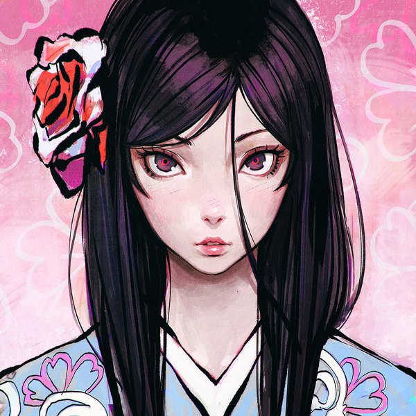 Anime picture 1080x1080 with original ilya kuvshinov single long hair looking at viewer blush blue eyes black hair pink hair purple hair traditional clothes parted lips japanese clothes pink eyes multicolored hair hair flower lips floral print portrait gradient hair