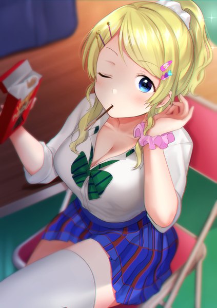 Anime picture 2039x2894 with love live! school idol project sunrise (studio) love live! ayase eli kazehana (spica) single long hair tall image looking at viewer blush fringe highres breasts blue eyes light erotic blonde hair large breasts sitting holding payot