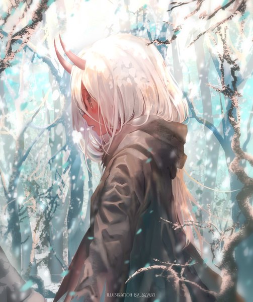 Anime picture 1920x2291 with darling in the franxx studio trigger zero two (darling in the franxx) sa'yuki single long hair tall image blush fringe highres open mouth hair between eyes green eyes signed silver hair outdoors profile horn (horns) teeth snowing