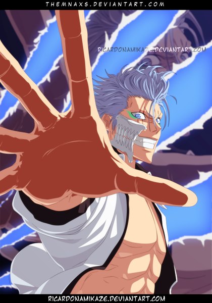 Anime picture 2000x2856 with bleach studio pierrot grimmjow jeagerjaques ricardonamikaze single tall image highres short hair blue eyes smile blue hair grin coloring muscle zoom layer espada boy mask hand