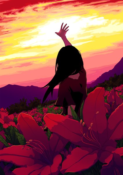 Anime picture 612x868 with original yukihiko single long hair tall image black hair standing sky cloud (clouds) upper body outdoors arm up wind from behind short sleeves evening sunset mountain landscape scenic