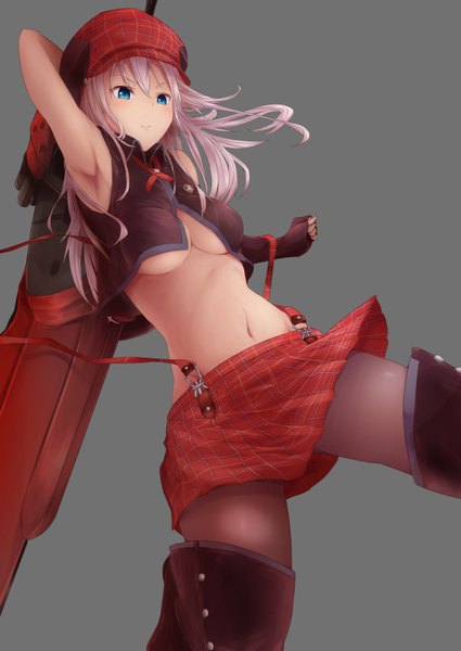 Anime picture 2150x3035 with god eater burst alisa ilinichina amiella borushichi single long hair tall image blush fringe highres breasts blue eyes light erotic simple background large breasts absurdres silver hair arm up grey background armpit (armpits) embarrassed