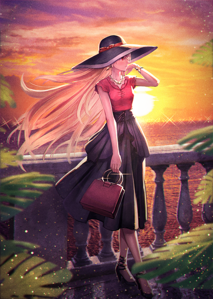 Anime picture 1212x1700 with fate (series) fate/grand order ereshkigal (fate) kuroi susumu single long hair tall image blush fringe blonde hair hair between eyes red eyes standing looking away outdoors arm up wind sparkle high heels alternate costume