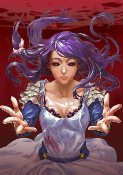 Anime picture 2480x3507 with tokyo ghoul studio pierrot kamishiro rize sunkilow single long hair tall image looking at viewer highres breasts red eyes cleavage purple hair light smile lips spread arms eyebrows black sclera girl dress