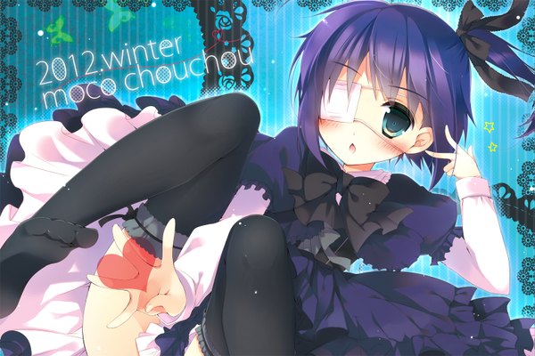 Anime picture 1551x1034 with chuunibyou demo koi ga shitai! kyoto animation takanashi rikka hisama kumako looking at viewer blush short hair open mouth blue eyes purple hair one side up striped background 2012 girl thighhighs dress black thighhighs frills heart eyepatch