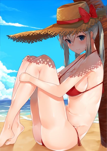 Anime picture 1060x1500 with kantai collection graf zeppelin (kantai collection) mhong single long hair tall image looking at viewer blush fringe breasts blue eyes light erotic blonde hair hair between eyes large breasts sky cloud (clouds) bent knee (knees) ass profile