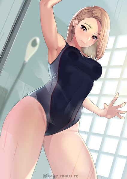 Anime picture 1736x2456 with original kagematsuri single long hair tall image looking at viewer blush fringe highres breasts light erotic blonde hair smile standing brown eyes signed indoors arm up from below armpit (armpits)