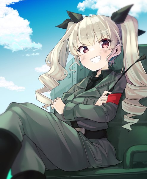 Anime picture 1447x1756 with girls und panzer anchovy (girls und panzer) yunekoko single long hair tall image looking at viewer smile sitting twintails sky silver hair cloud (clouds) pink eyes grin crossed legs drill hair girl uniform ribbon (ribbons)