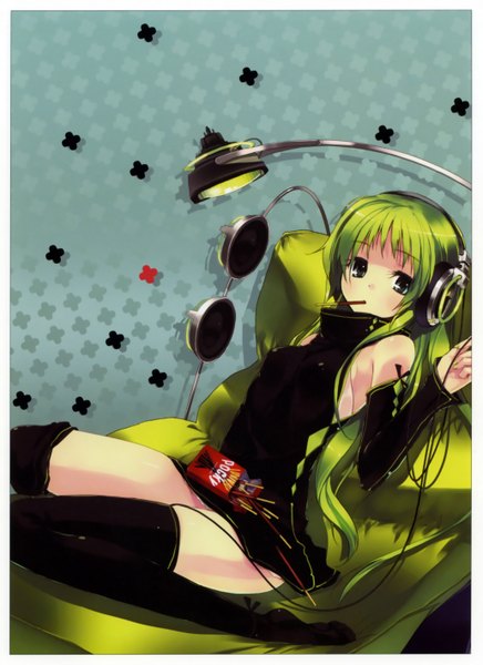Anime picture 2062x2834 with original refeia single long hair tall image looking at viewer fringe highres green hair black eyes mouth hold eating girl thighhighs black thighhighs detached sleeves sweets headphones pocky