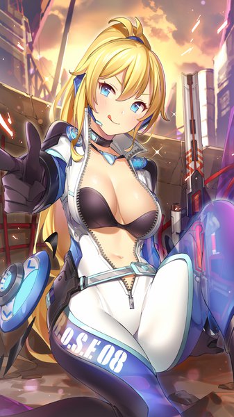 Anime picture 2250x4000 with girl cafe gun juno emmons (girl cafe gun) popqn single long hair tall image looking at viewer blush fringe highres breasts blue eyes light erotic blonde hair smile hair between eyes large breasts sitting payot sky