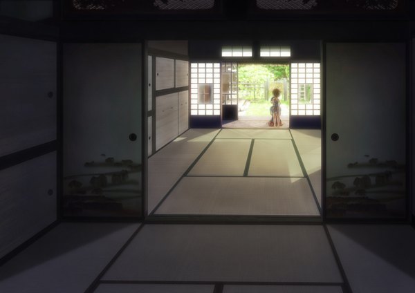 Anime picture 1754x1240 with original jakku highres short hair brown hair landscape scenic girl child (children) sliding doors tatami japanese house shouji fusuma