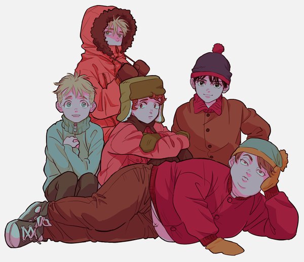 Anime picture 1000x862 with south park converse eric theodore cartman kenny mccormick kyle broflovski stanley randall marsh leopold "butters" stotch maiko (setllon) looking at viewer short hair black hair simple background blonde hair red eyes white background sitting brown eyes green eyes red hair lying