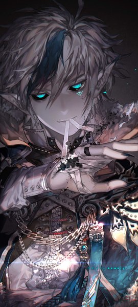 Anime picture 600x1330 with original kawacy single tall image looking at viewer short hair holding blue hair head tilt multicolored hair arm up aqua eyes fingernails lips pointy ears grey hair two-tone hair teeth fang (fangs) streaked hair