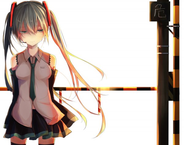 Anime picture 1567x1235 with vocaloid hatsune miku yushika single long hair blush twintails bare shoulders green eyes looking away green hair tears light crying sad girl thighhighs skirt microphone