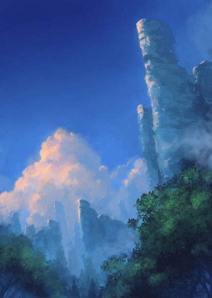 Anime picture 600x840 with original ac (eshi) tall image sky cloud (clouds) mountain no people rock plant (plants) tree (trees)