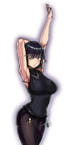 Anime picture 589x1200 with one-punch man madhouse fubuki (one-punch man) the golden smurf single tall image blush fringe short hair breasts black hair large breasts standing green eyes looking away nail polish one eye closed fingernails black nail polish girl