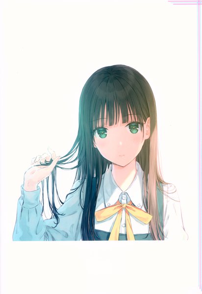 Anime picture 4793x6976 with original hiten (hitenkei) single long hair tall image looking at viewer blush fringe highres black hair simple background white background green eyes absurdres upper body blunt bangs parted lips fingernails scan holding hair