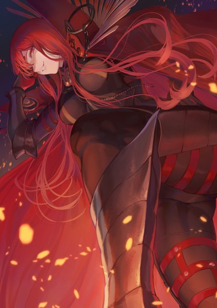 Anime picture 1302x1842 with fate (series) fate/grand order koha-ace oda nobunaga (fate) (all) oda nobunaga (maou avenger) (fate) mashuu (neko no oyashiro) single long hair tall image looking at viewer fringe breasts light erotic smile red eyes standing bent knee (knees) red hair parted lips hair over one eye